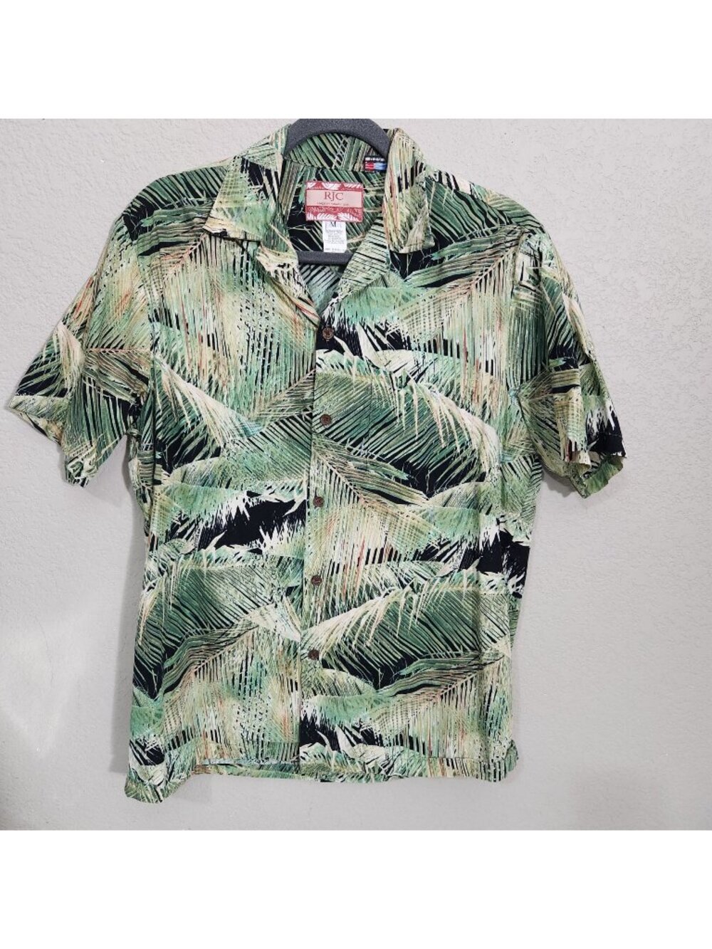 RJC Hawaiian Shirt Mens Medium Palm Print Button Cotton Short Sleeve